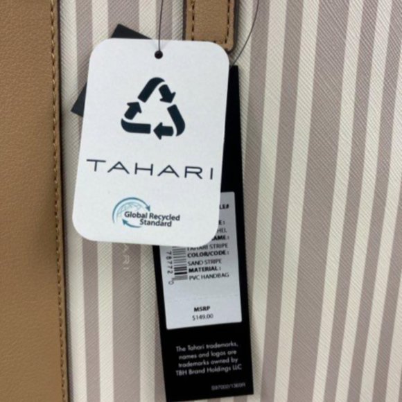 Tahari Womens Sand/Gray Striped Vegan Leather Double Handle Satchel Tote Handbag - Picture 3 of 6